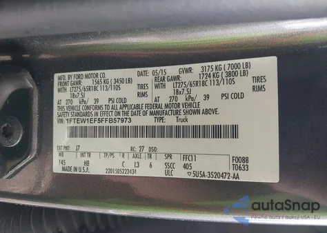 2015 Ford F-150 Lariat z USA, uszkodzony, nr VIN 1FTEW1EF5FFB57973